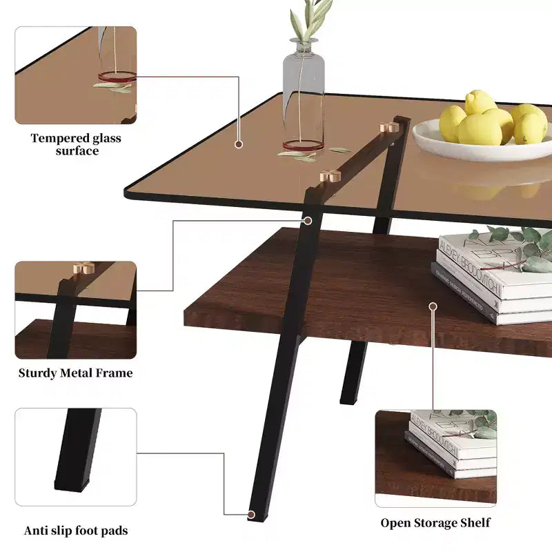 Table basse rectangulaire, dessus en verre trempé, pieds en métal, plusieurs coloris, 1 pièce