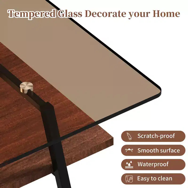 Table basse rectangulaire, dessus en verre trempé, pieds en métal, plusieurs coloris, 1 pièce