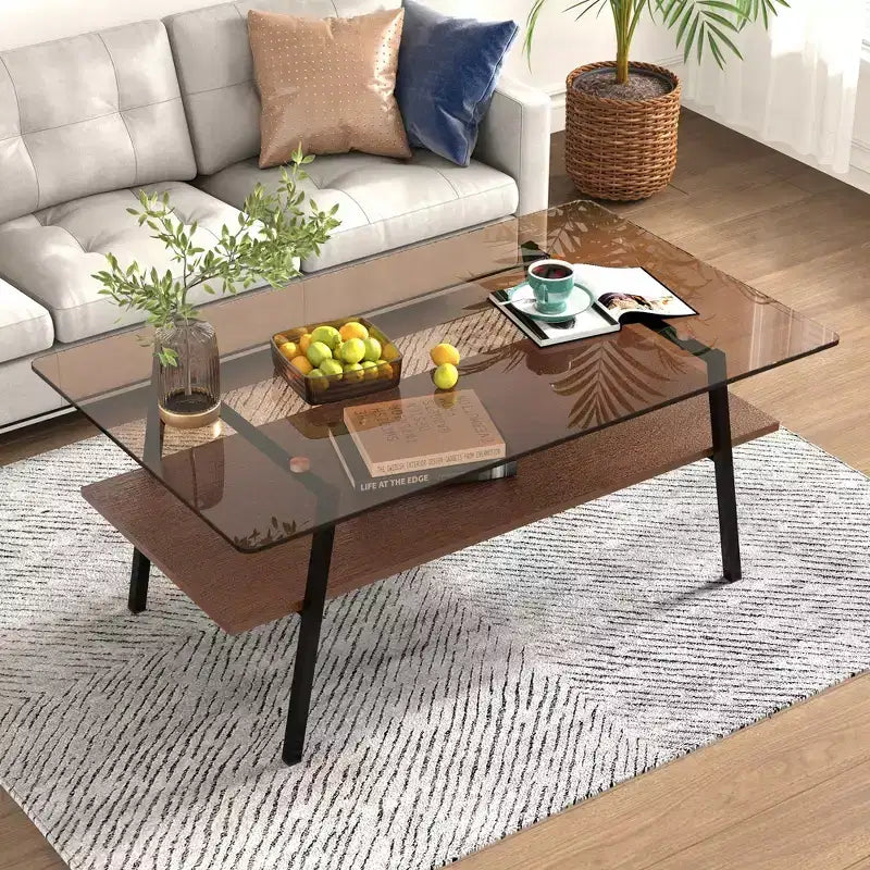 Table basse rectangulaire, dessus en verre trempé, pieds en métal, plusieurs coloris, 1 pièce