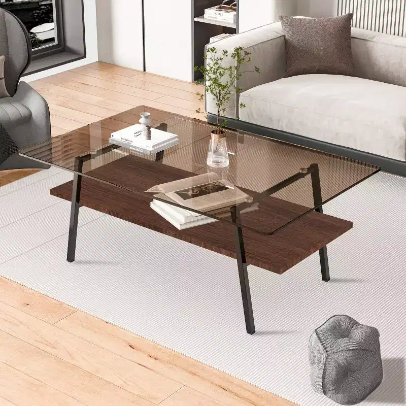 Table basse rectangulaire, dessus en verre trempé, pieds en métal, plusieurs coloris, 1 pièce