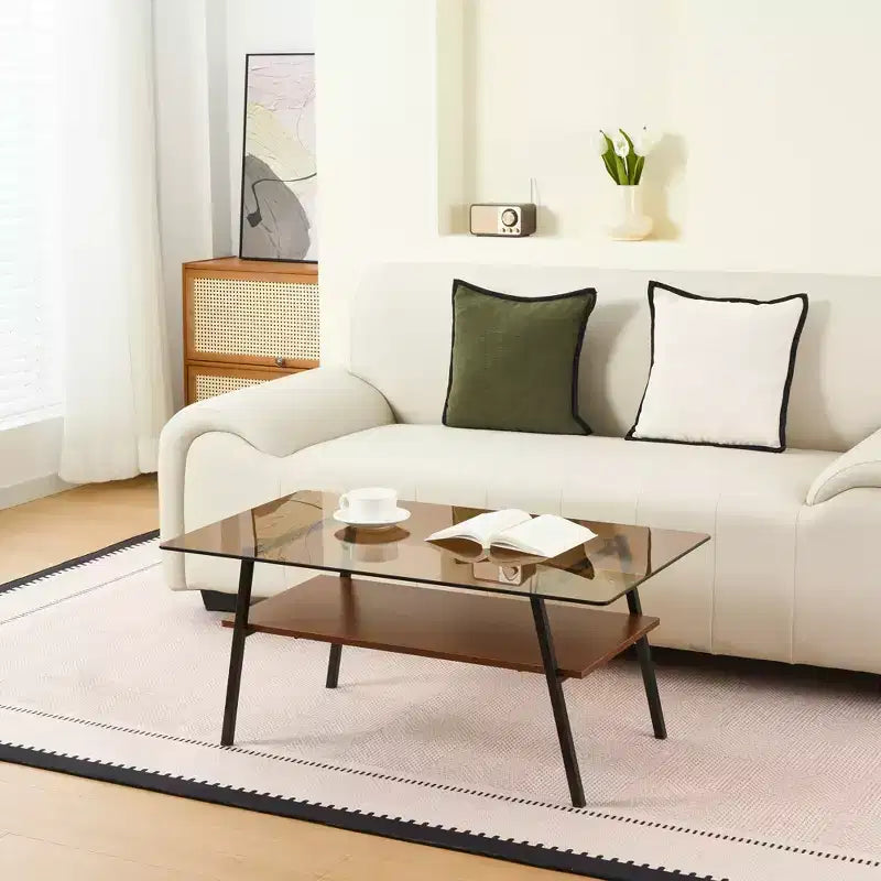 Table basse rectangulaire, dessus en verre trempé, pieds en métal, plusieurs coloris, 1 pièce