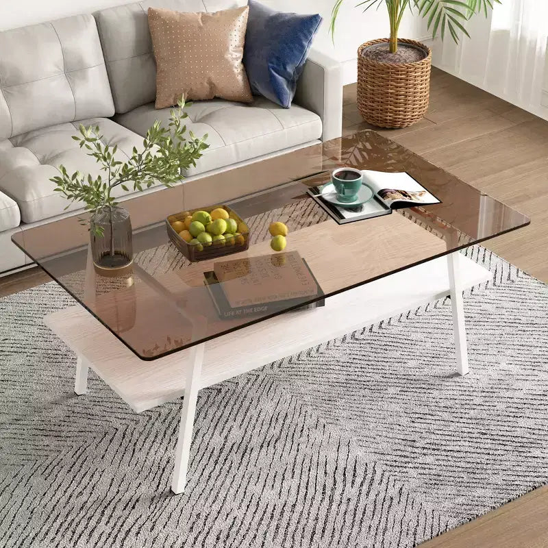 Table basse rectangulaire, dessus en verre trempé, pieds en métal, plusieurs coloris, 1 pièce