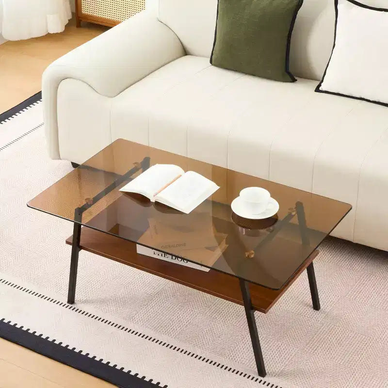 Table basse rectangulaire, dessus en verre trempé, pieds en métal, plusieurs coloris, 1 pièce