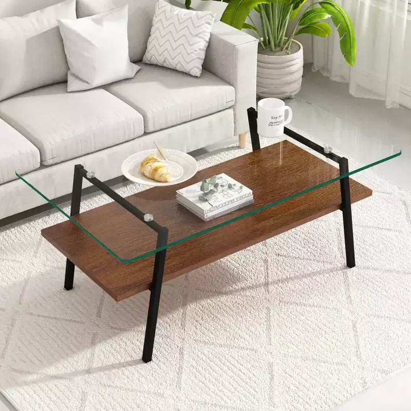 Table basse rectangulaire, dessus en verre trempé, pieds en métal, plusieurs coloris, 1 pièce