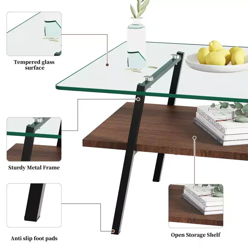 Table basse rectangulaire, dessus en verre trempé, pieds en métal, plusieurs coloris, 1 pièce