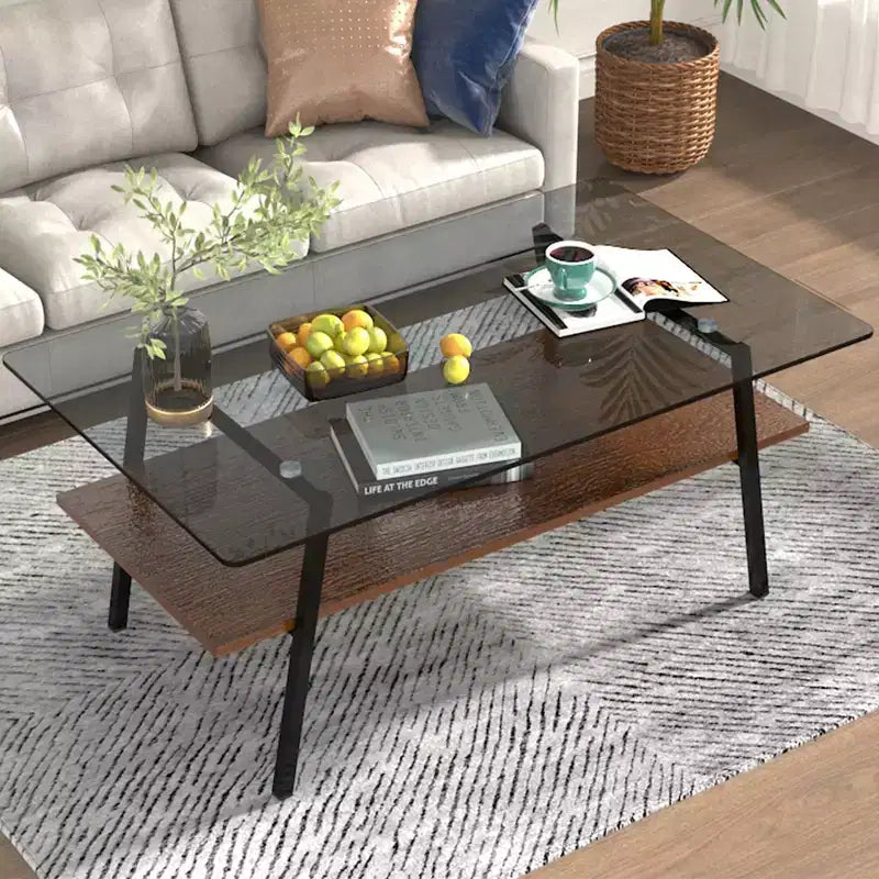 Table basse rectangulaire, dessus en verre trempé, pieds en métal, plusieurs coloris, 1 pièce