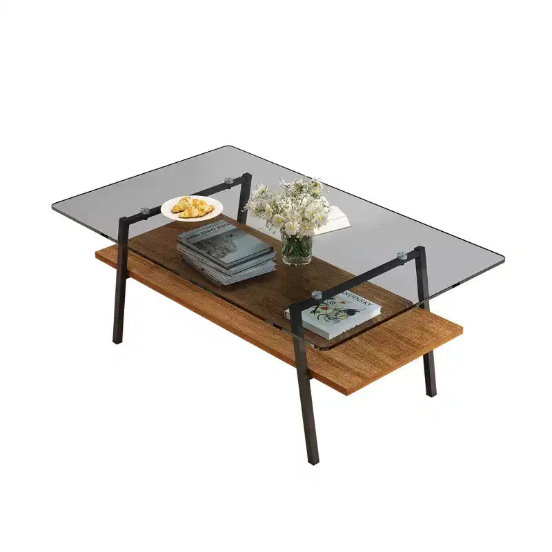 Table basse rectangulaire, dessus en verre trempé, pieds en métal, plusieurs coloris, 1 pièce