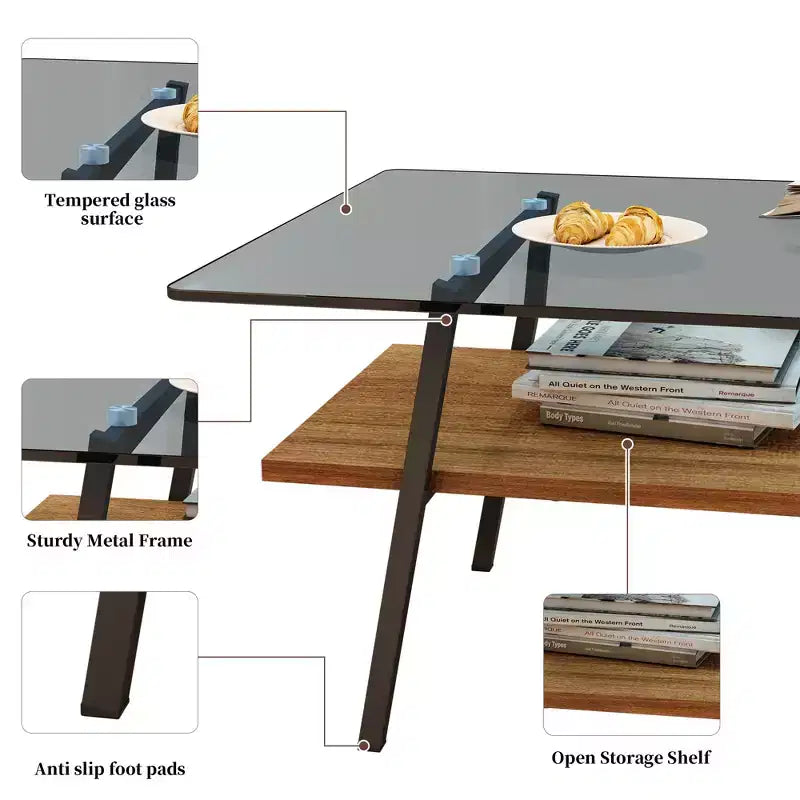 Table basse rectangulaire, dessus en verre trempé, pieds en métal, plusieurs coloris, 1 pièce