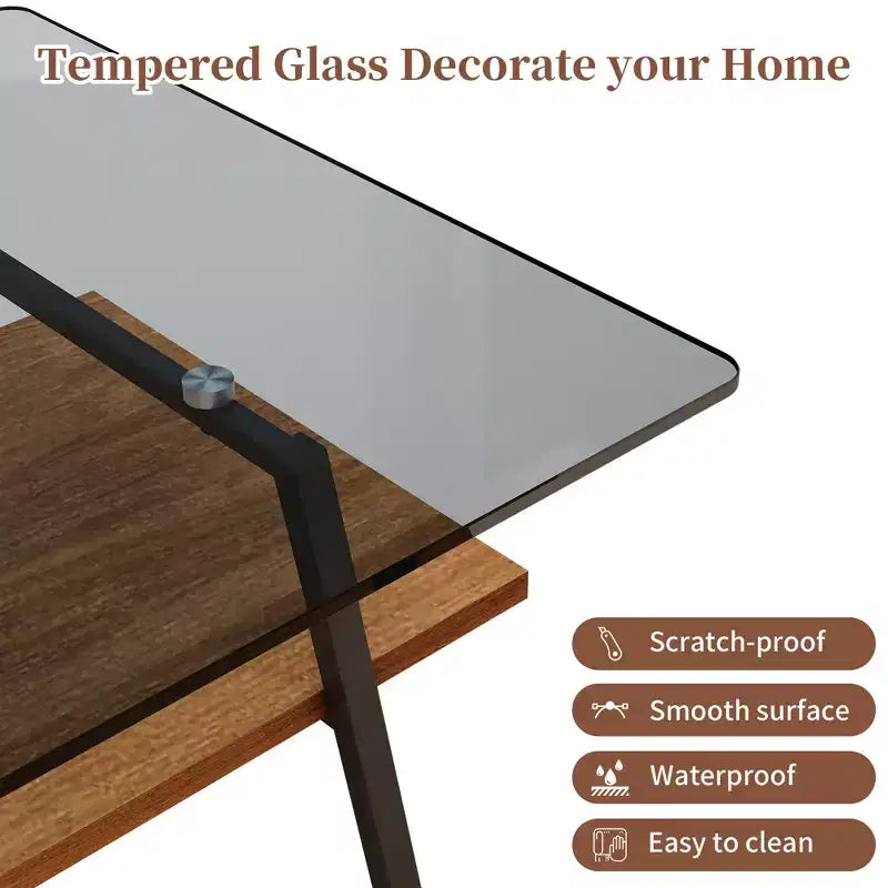 Table basse rectangulaire, dessus en verre trempé, pieds en métal, plusieurs coloris, 1 pièce