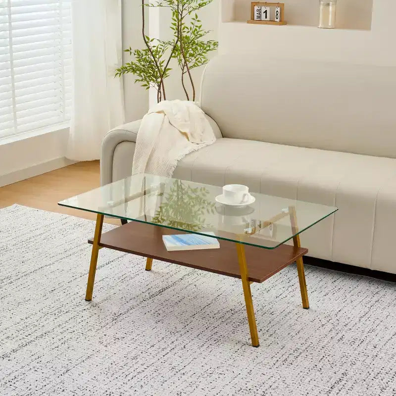 Table basse rectangulaire, dessus en verre trempé, pieds en métal, plusieurs coloris, 1 pièce