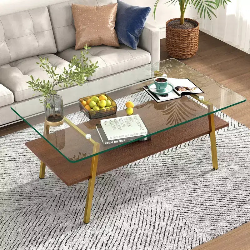 Table basse rectangulaire, dessus en verre trempé, pieds en métal, plusieurs coloris, 1 pièce