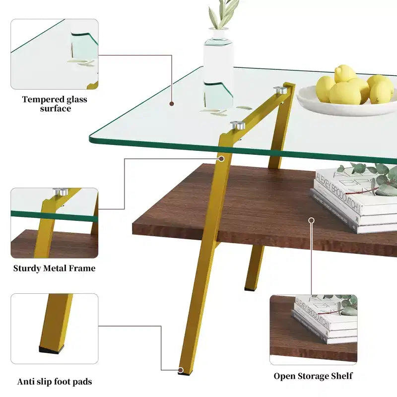 Table basse rectangulaire, dessus en verre trempé, pieds en métal, plusieurs coloris, 1 pièce