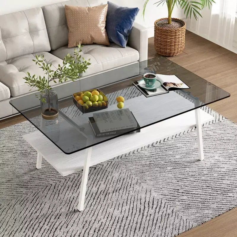 Table basse rectangulaire, dessus en verre trempé, pieds en métal, plusieurs coloris, 1 pièce