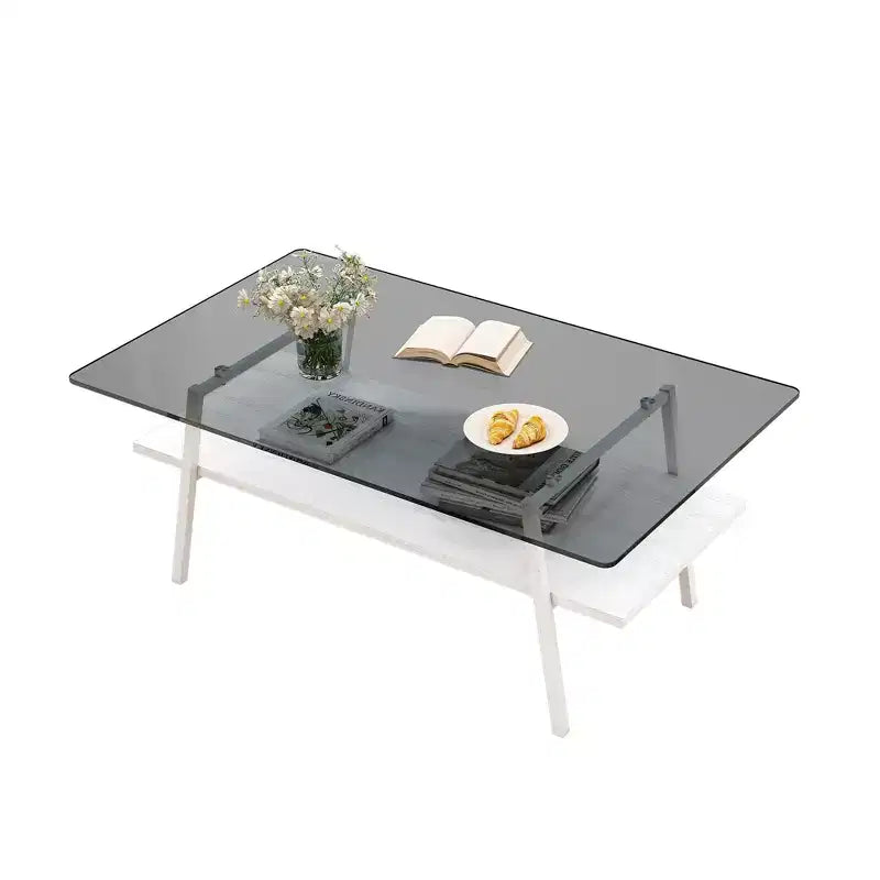 Table basse rectangulaire, dessus en verre trempé, pieds en métal, plusieurs coloris, 1 pièce