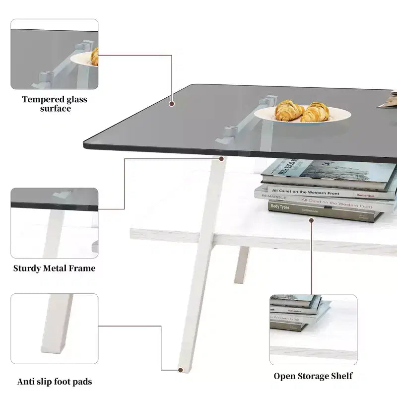 Table basse rectangulaire, dessus en verre trempé, pieds en métal, plusieurs coloris, 1 pièce