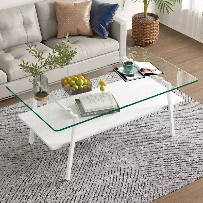 Table basse rectangulaire, dessus en verre trempé, pieds en métal, plusieurs coloris, 1 pièce