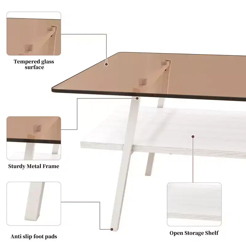 Table basse rectangulaire, dessus en verre trempé, pieds en métal, plusieurs coloris, 1 pièce