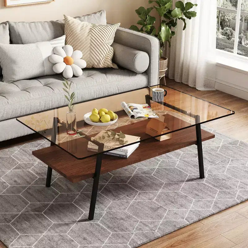 Table basse rectangulaire, dessus en verre trempé, pieds en métal, plusieurs coloris, 1 pièce
