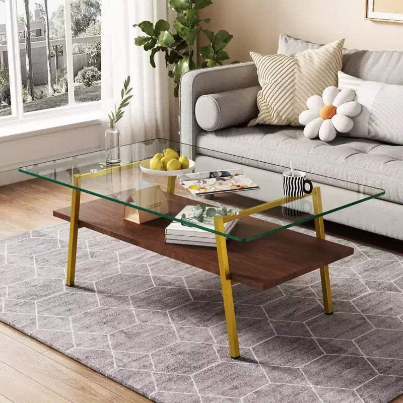 Table basse rectangulaire, dessus en verre trempé, pieds en métal, plusieurs coloris, 1 pièce