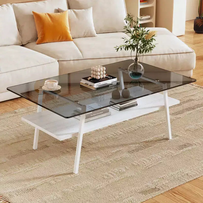 Table basse rectangulaire, dessus en verre trempé, pieds en métal, plusieurs coloris, 1 pièce