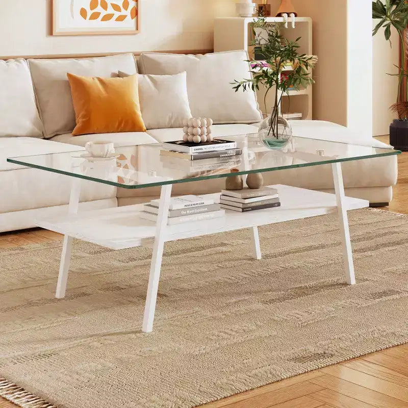 Table basse rectangulaire, dessus en verre trempé, pieds en métal, plusieurs coloris, 1 pièce
