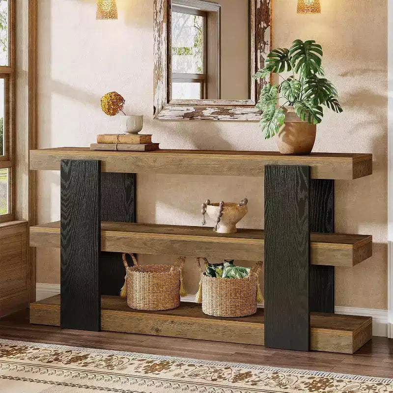 Console étroite à 3 niveaux marron, bois, 160 cm