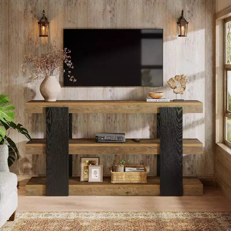 Console étroite à 3 niveaux marron, bois, 160 cm