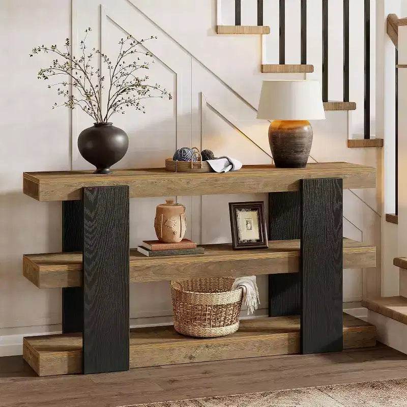 Console étroite à 3 niveaux marron, bois, 160 cm