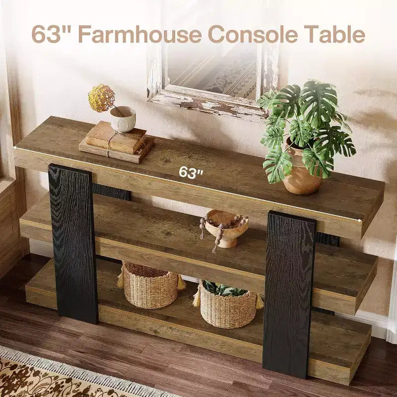 Console étroite à 3 niveaux marron, bois, 160 cm