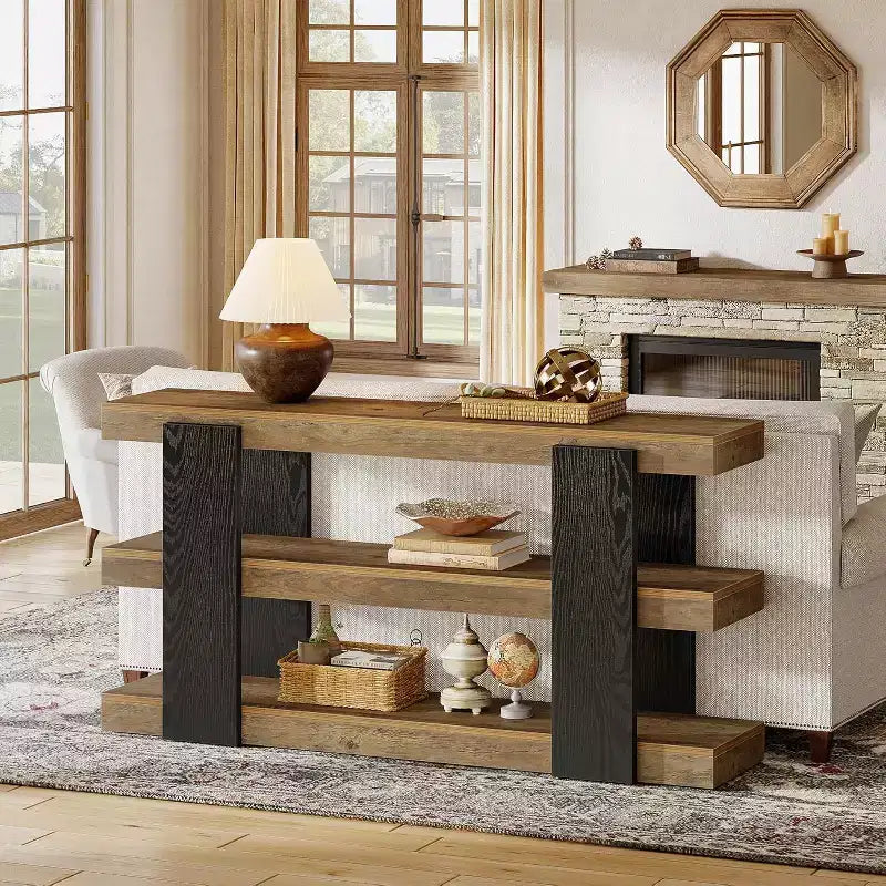 Console étroite à 3 niveaux marron, bois, 160 cm