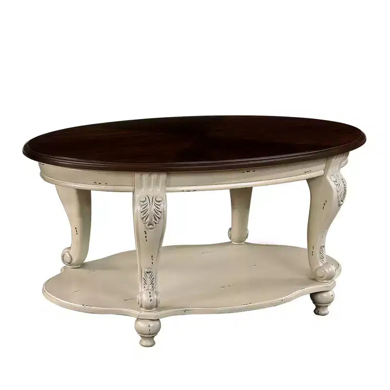 Table basse ovale beige et expresso avec étagère ouverte à 2 niveaux, 107 cm