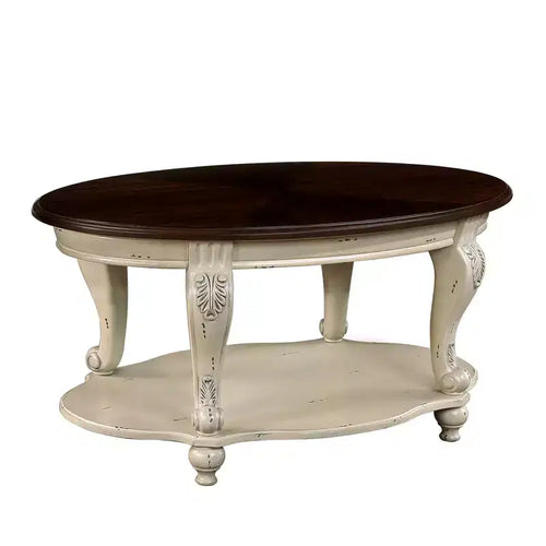Table basse ovale beige et expresso avec étagère ouverte à 2 niveaux, 107 cm