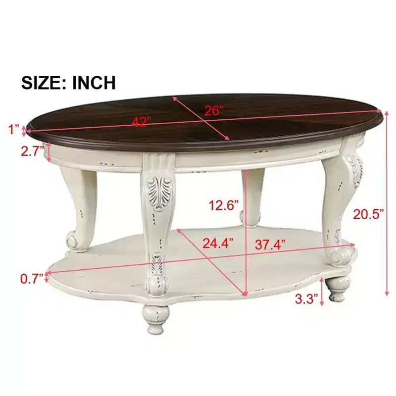 Table basse ovale beige et expresso avec étagère ouverte à 2 niveaux, 107 cm