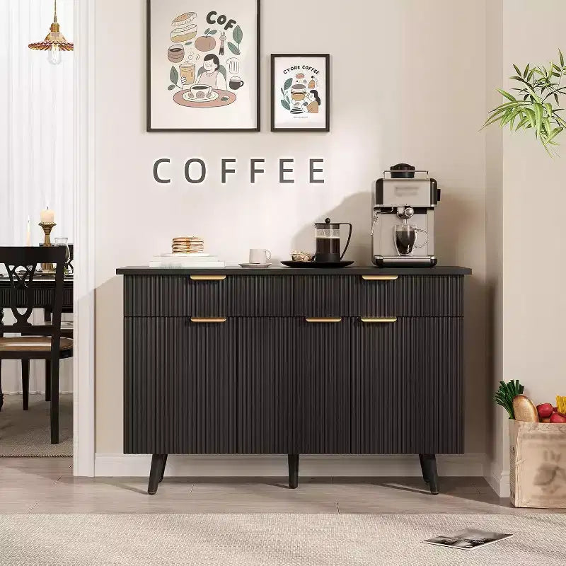 Buffet cannelé en bois naturel avec 3 portes et 2 tiroirs