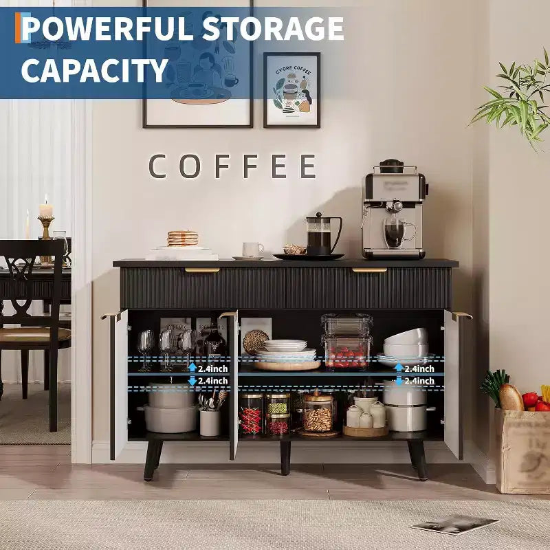 Buffet cannelé en bois naturel avec 3 portes et 2 tiroirs
