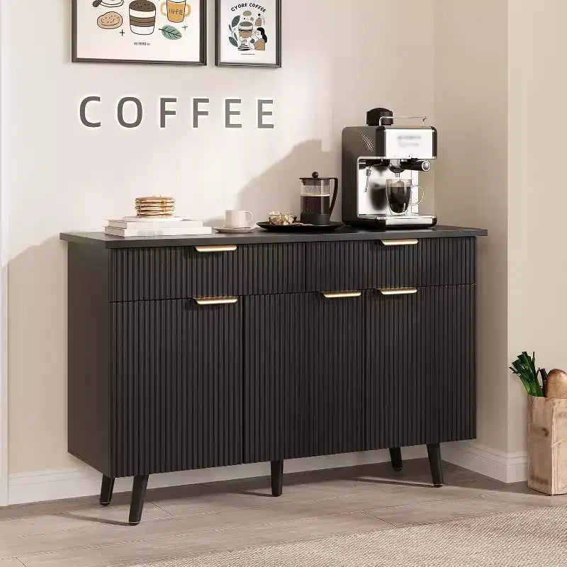 Buffet cannelé en bois naturel avec 3 portes et 2 tiroirs