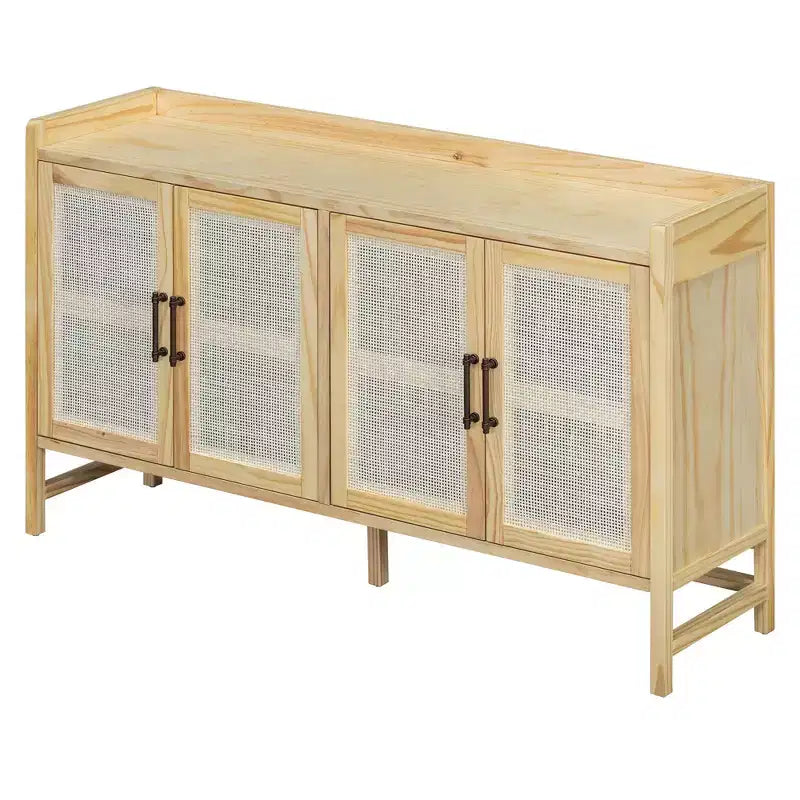 Buffet vaisselier en rotin naturel, 4 portes, 2 étagères de rangement