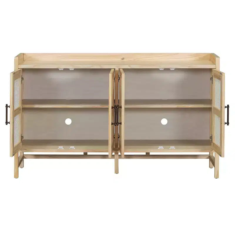 Buffet vaisselier en rotin naturel, 4 portes, 2 étagères de rangement