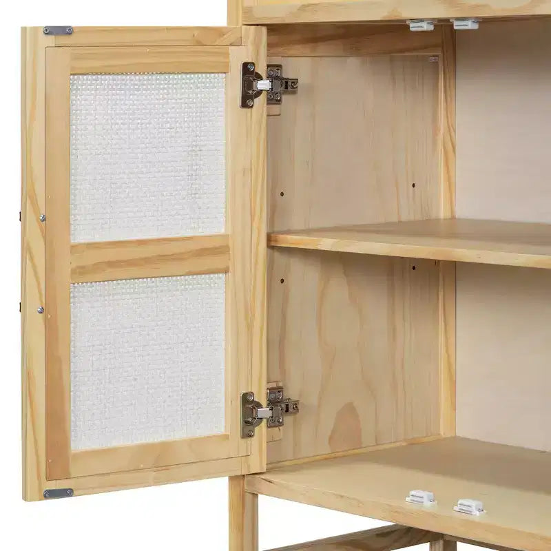 Buffet vaisselier en rotin naturel, 4 portes, 2 étagères de rangement