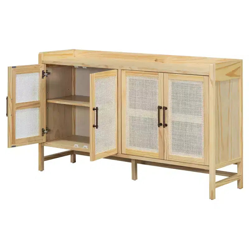 Buffet vaisselier en rotin naturel, 4 portes, 2 étagères de rangement