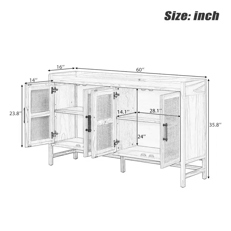 Buffet vaisselier en rotin naturel, 4 portes, 2 étagères de rangement