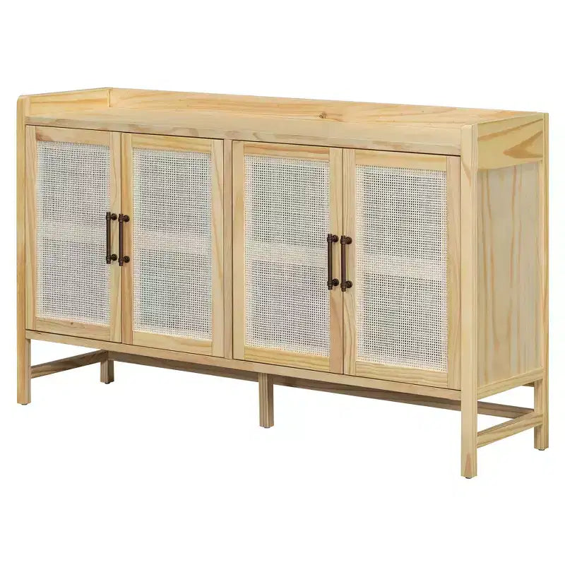 Buffet vaisselier en rotin naturel, 4 portes, 2 étagères de rangement