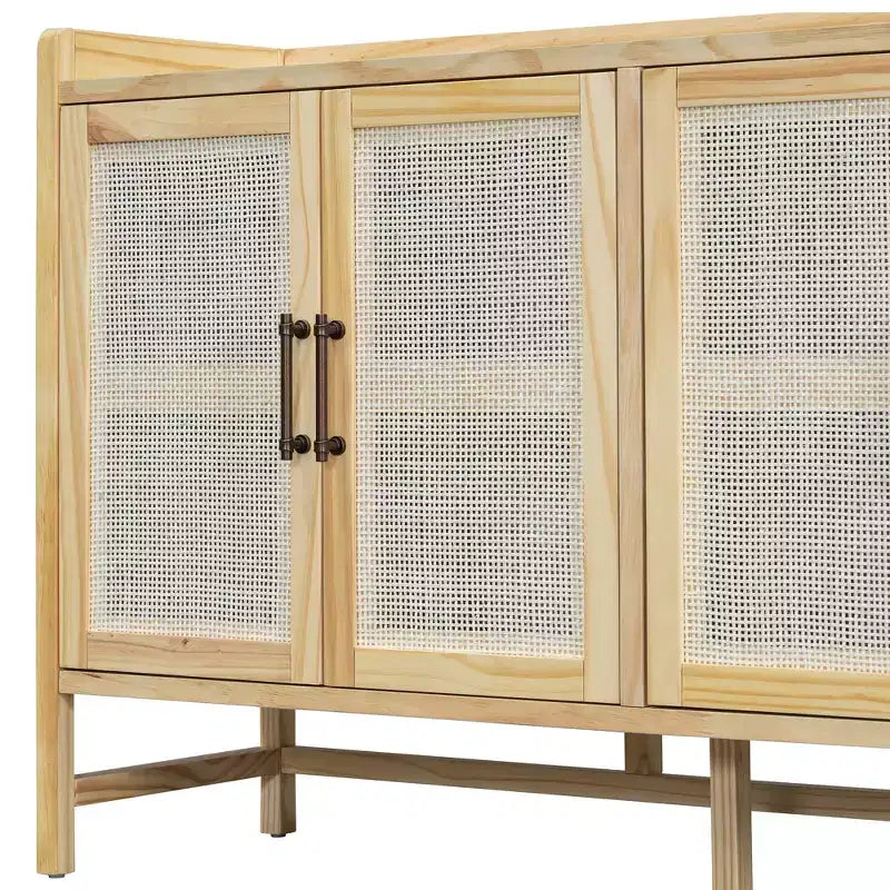 Buffet vaisselier en rotin naturel, 4 portes, 2 étagères de rangement