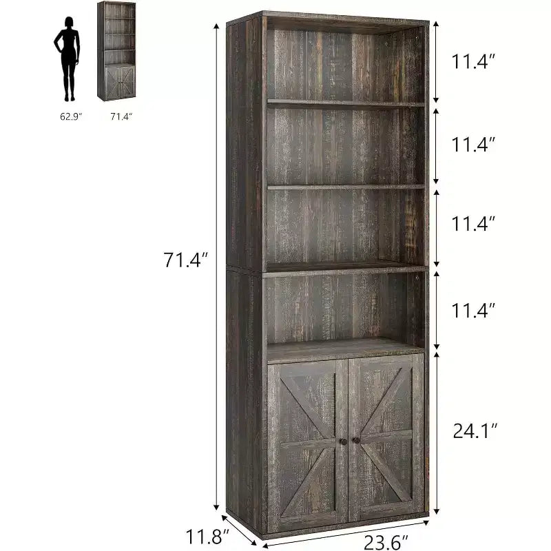Bibliothèque de style campagnard grise avec portes coulissantes, 6 étagères, lot de 2