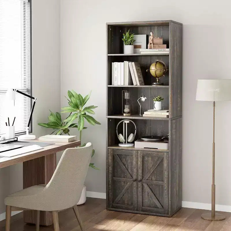 Bibliothèque de style campagnard grise avec portes coulissantes, 6 étagères, lot de 2