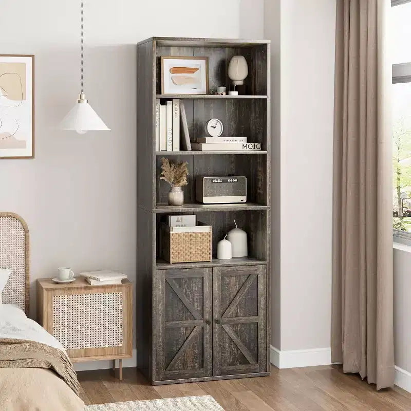 Bibliothèque de style campagnard grise avec portes coulissantes, 6 étagères, lot de 2
