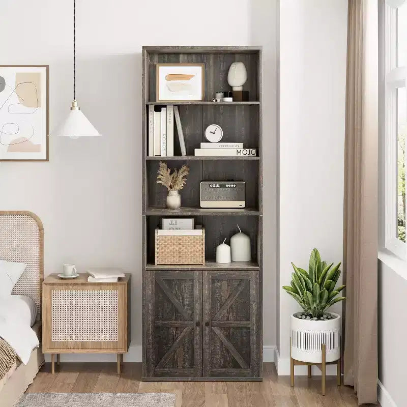 Bibliothèque de style campagnard grise avec portes coulissantes, 6 étagères, lot de 2