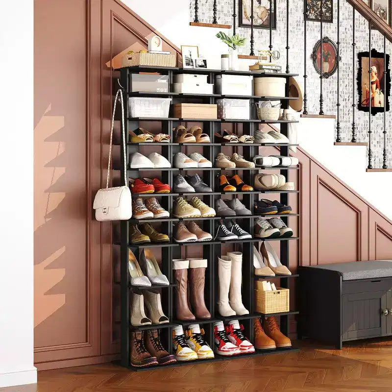 Étagère à chaussures autoportante en bois naturel à 10 niveaux avec crochets latéraux – Peut contenir jusqu'à 20 paires