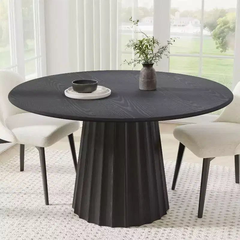Table de salle à manger ronde noire sur pied, 4 à 6 places, base cannelée, 132 cm