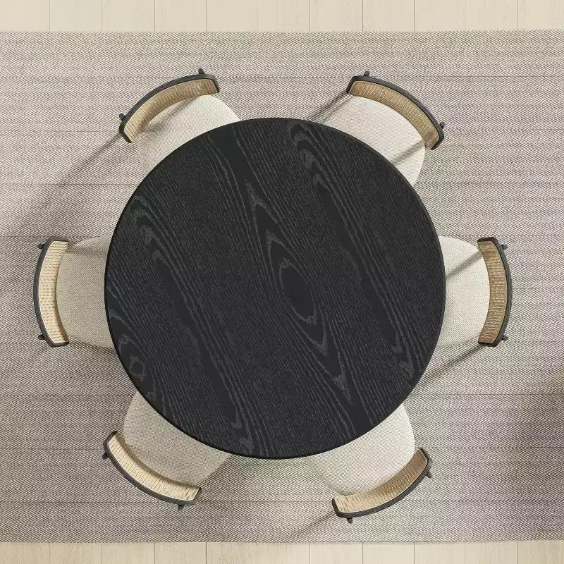 Table de salle à manger ronde noire sur pied, 4 à 6 places, base cannelée, 132 cm